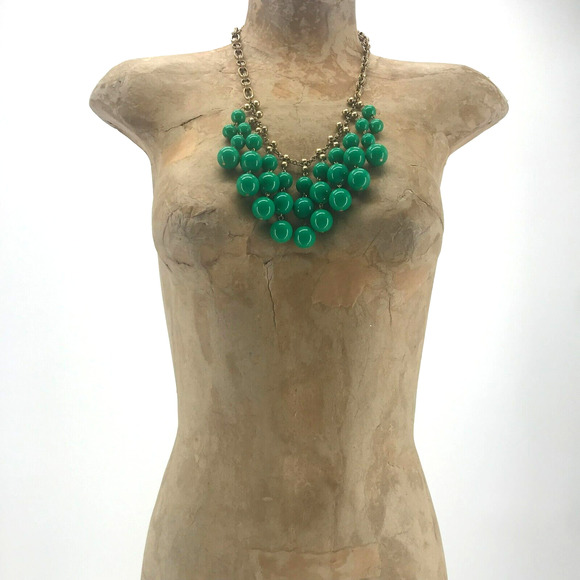 Stella & Dot Beaded Bib Statement Necklace Green Gold Princess Length Chain Link - Picture 2 of 12